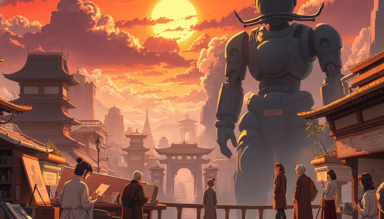 A giant robot stands over a traditional Japanese town at sunset, with people in the foreground looking towards it.