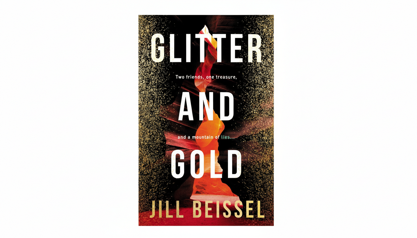 The book cover for Glitter and Gold by Jill Beissel, featuring the title in large white letters against a background of sparkling gold dust and a central orange, rock-like formation.