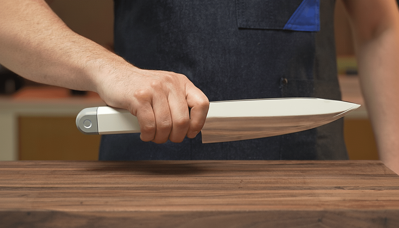 A persons hand holding a modern kitchen knife with a light-colored handle, positioned over a wooden cutting board.