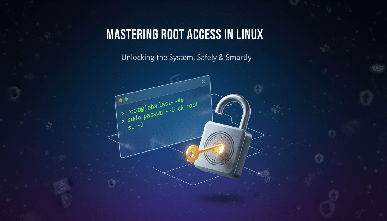 An image with the title MASTERING ROOT ACCESS IN LINUX and subtitle Unlocking the System, Safely & Smartly. It features a transparent terminal window displaying Linux commands and a padlock with a golden key, all set against a dark blue background with subtle network-like patterns.