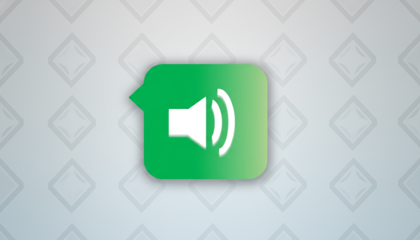 A green speech bubble icon with a white speaker symbol, set against a light gray background with a subtle diamond pattern.