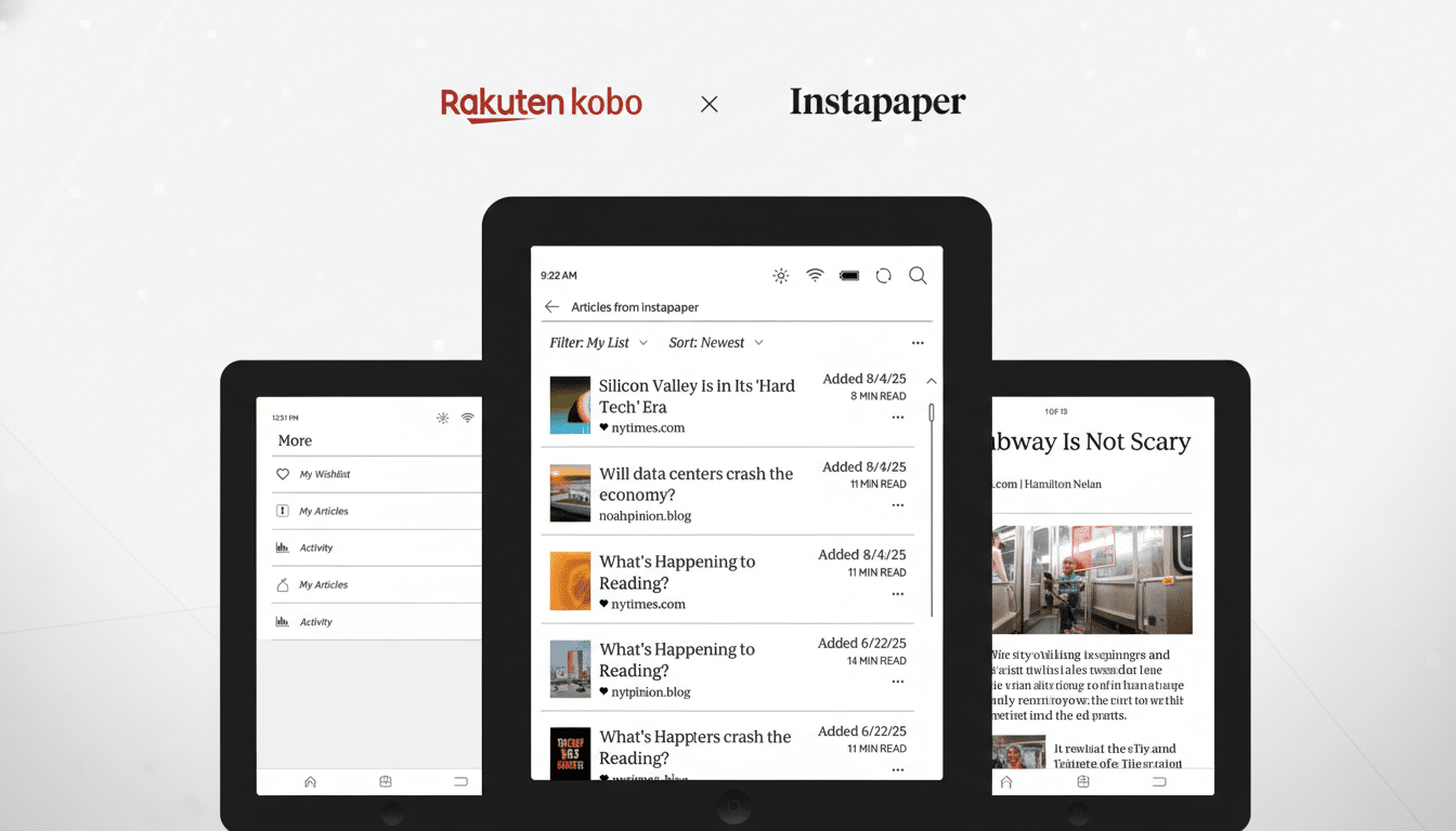 A 16:9 aspect ratio image showing three tablet screens displaying articles from Instapaper, with the Rakuten Kobo and Instapaper logos at the top.