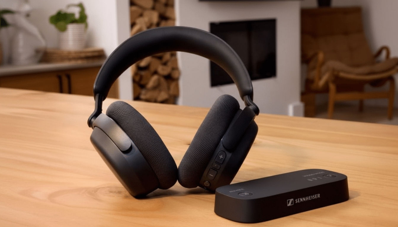A pair of black Sennheiser headphones and a black Sennheiser audio transmitter on a wooden table.