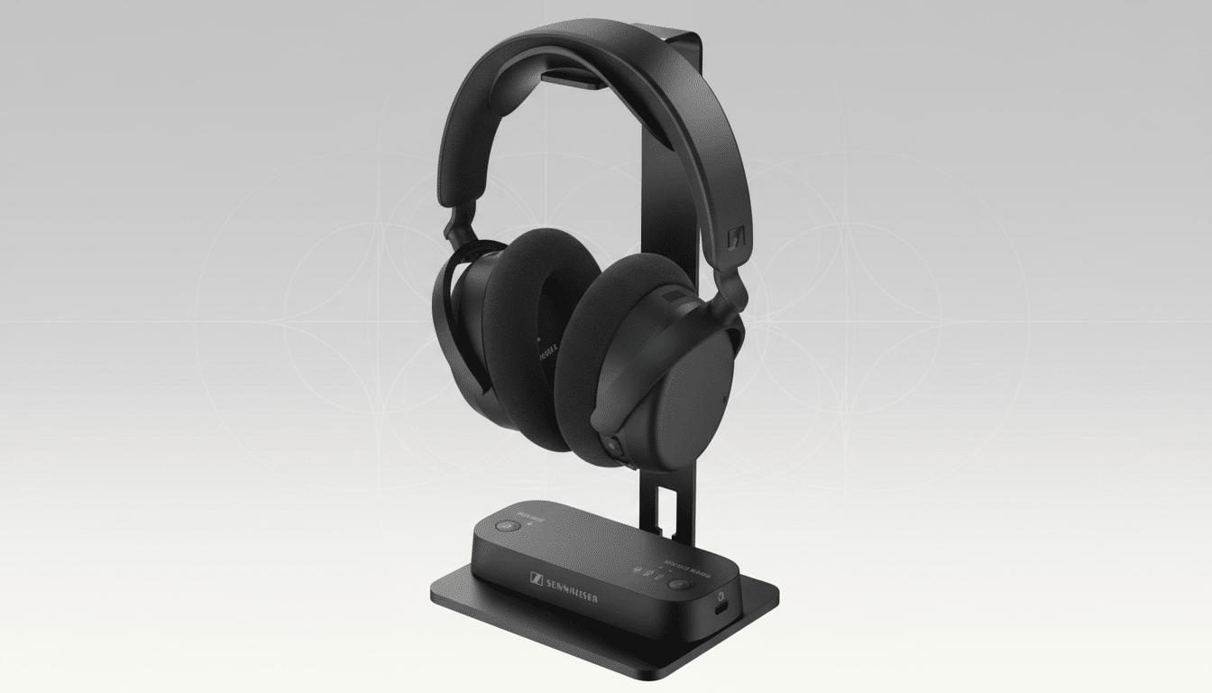 A pair of black Sennheiser headphones resting on a black stand, with a small black audio receiver unit at the base, presented against a professional flat design background with subtle circular patterns and a soft gradient.
