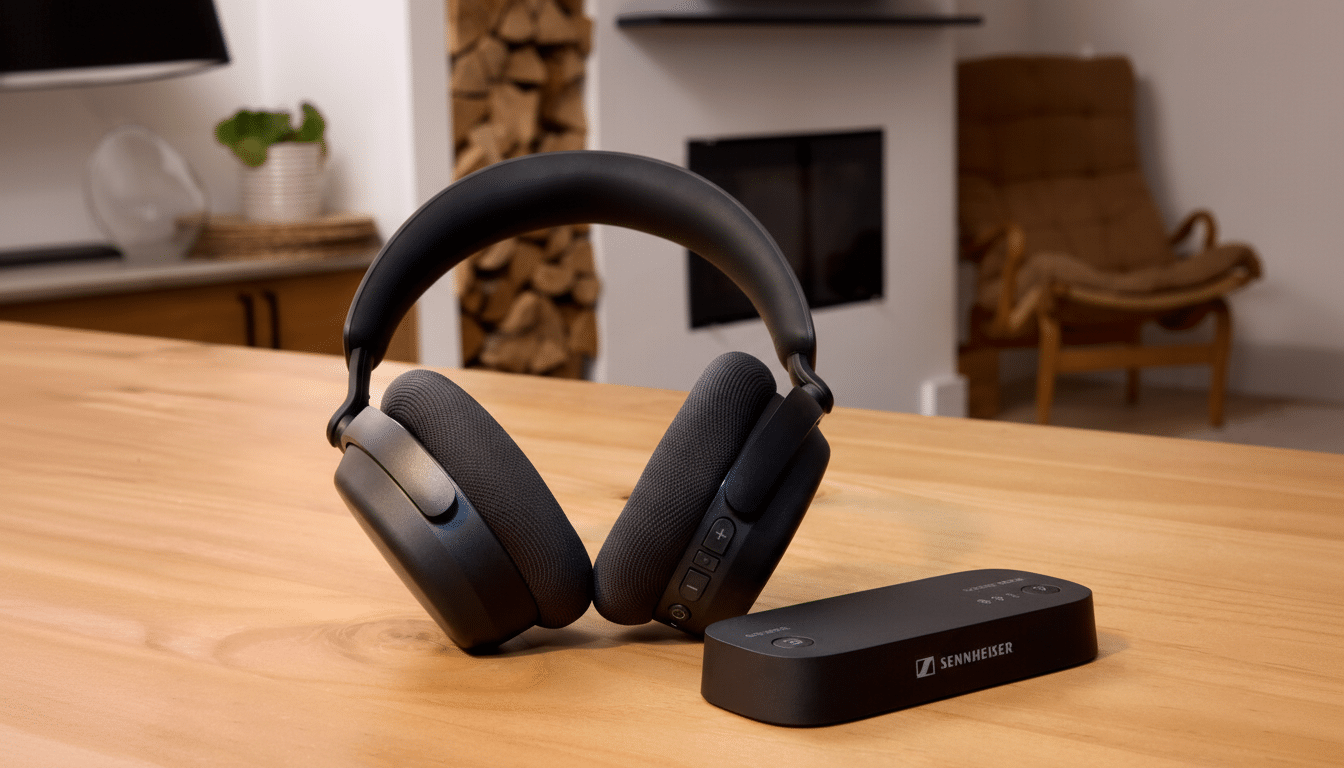 A pair of black Sennheiser headphones and a black Sennheiser soundbar are displayed on a wooden table.