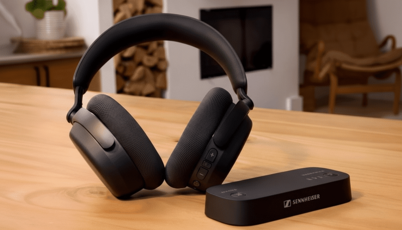 A pair of black Sennheiser headphones and a black Sennheiser audio transmitter on a wooden table.