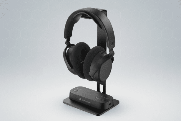 A pair of black Sennheiser headphones resting on a matching black stand, with a small control unit at the base, presented against a professional flat design background with a subtle geometric pattern.