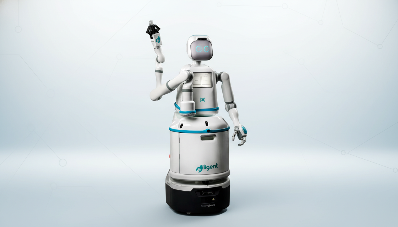 A white and black Diligent Robotics robot with a screen for a face and an articulated arm holding an object, set against a professional light gray background with subtle geometric patterns.