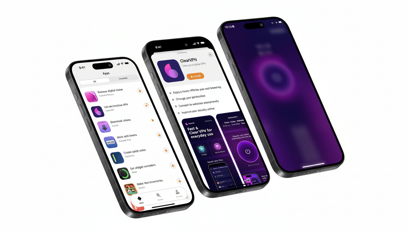 Three iPhones displaying app interfaces, with the central phone showing a ClearVPN app page, the left phone showing a list of apps, and the right phone showing an App activated notification.