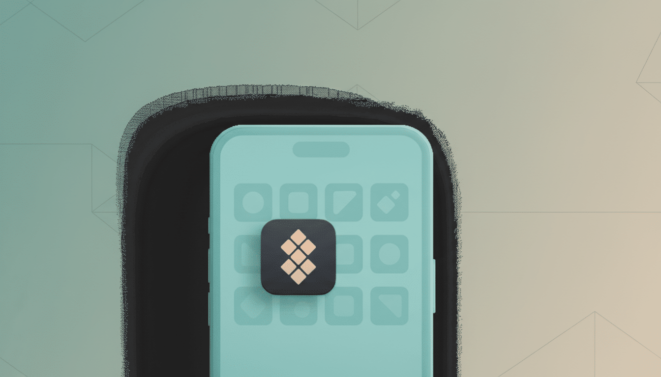 A smartphone displaying an app icon with a grid of four diamond shapes, set against a professional flat design background with soft patterns and gradients.