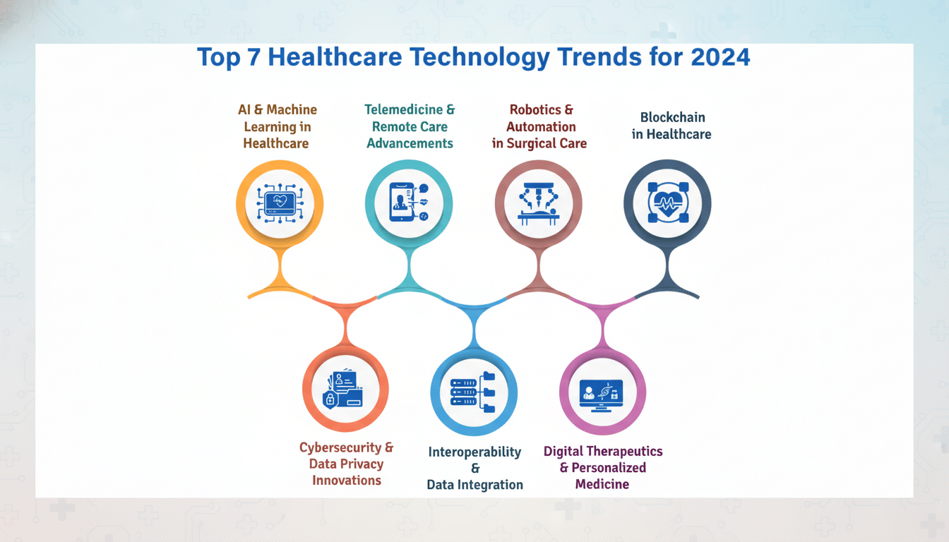 An infographic titled Top 7 Healthcare Technology Trends for 2024 displaying seven interconnected circles, each representing a trend with an icon and text. The trends are AI & Machine Learning in Healthcare, Telemedicine & Remote Care Advancements, Robotics & Automation in Surgical Care, Blockchain in Healthcare, Cybersecurity & Data Privacy Innovations, Interoperability & Data Integration, and Digital Therapeutics & Personalized Medicine. The background is a professional flat design with soft patterns of medical crosses.