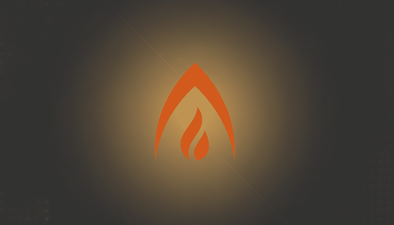 A professionally enhanced image of an orange flame logo within an arch, set against a dark grey background with a subtle gradient and soft patterns, resized to a 16:9 aspect ratio.