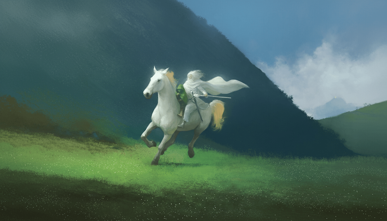A white horse gallops across a green field with a rider in a white cloak and a small green figure behind them, against a backdrop of a dark green hill and a blue sky.
