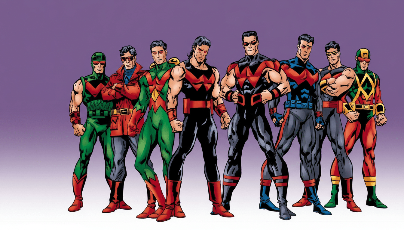 A group of seven male comic book characters, all with dark hair and similar facial features, standing in a line. They are wearing various superhero costumes in shades of red, green, black, and blue, with some featuring a distinctive V or chevron design. The background is a solid, light purple.