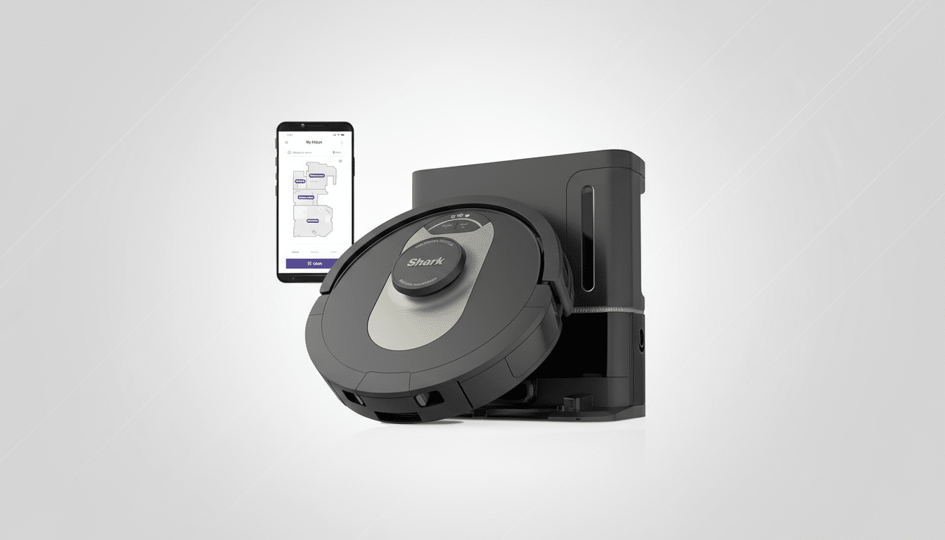 A Shark robot vacuum and its charging dock are presented alongside a smartphone displaying the vacuums control app, all set against a clean, professional light gray background with a subtle gradient.