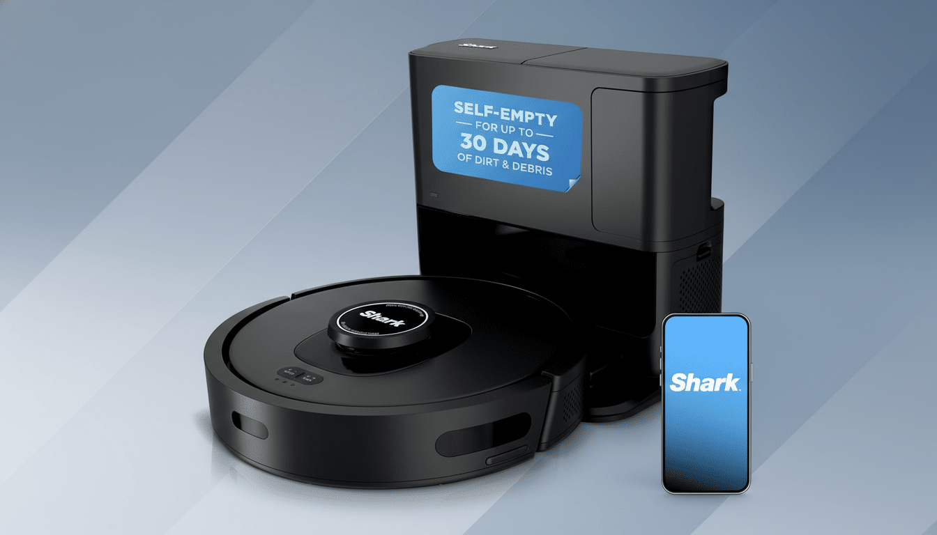 A Shark robot vacuum and its self-empty base station, with a smartphone displaying the Shark logo, set against a professional blue-gray gradient background.