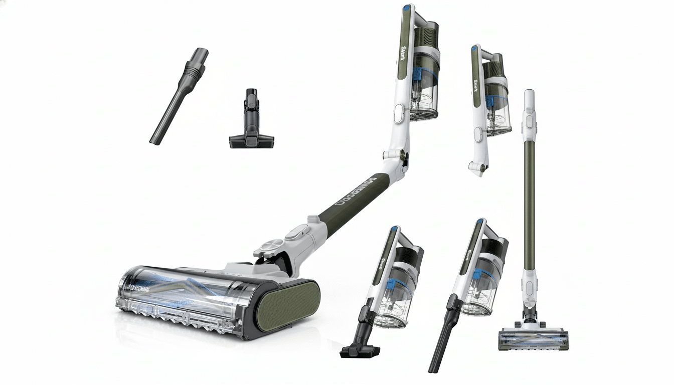 A Shark cordless vacuum cleaner in various configurations, including its main body, attachments, and handheld mode, presented on a clean white background.