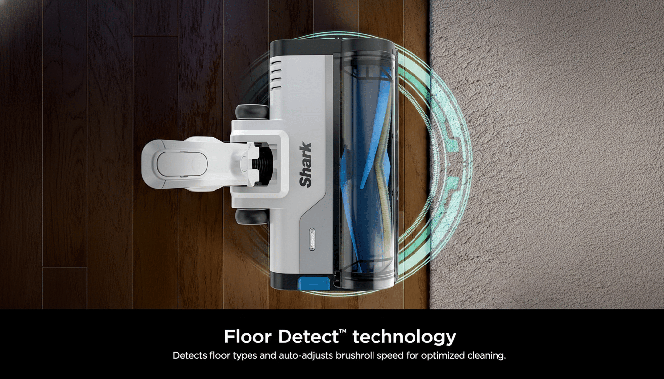 A Shark vacuum cleaner head on a floor that is half hardwood and half carpet, with a glowing blue circle indicating its Floor Detect™ technology.