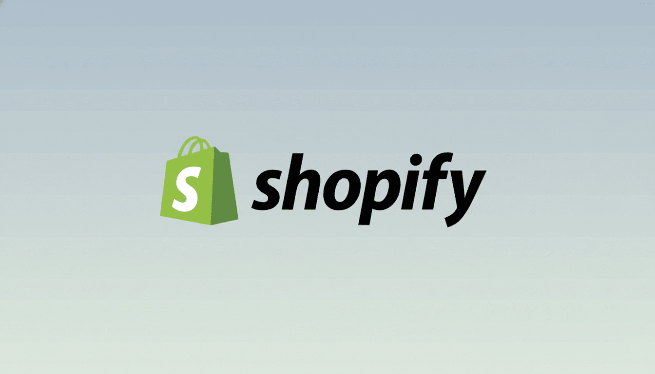 The Shopify logo, featuring a green shopping bag icon with a white S on the left, and the word shopify in black, lowercase letters on the right, set against a professional 16:9 aspect ratio background with a subtle light blue to white gradient.