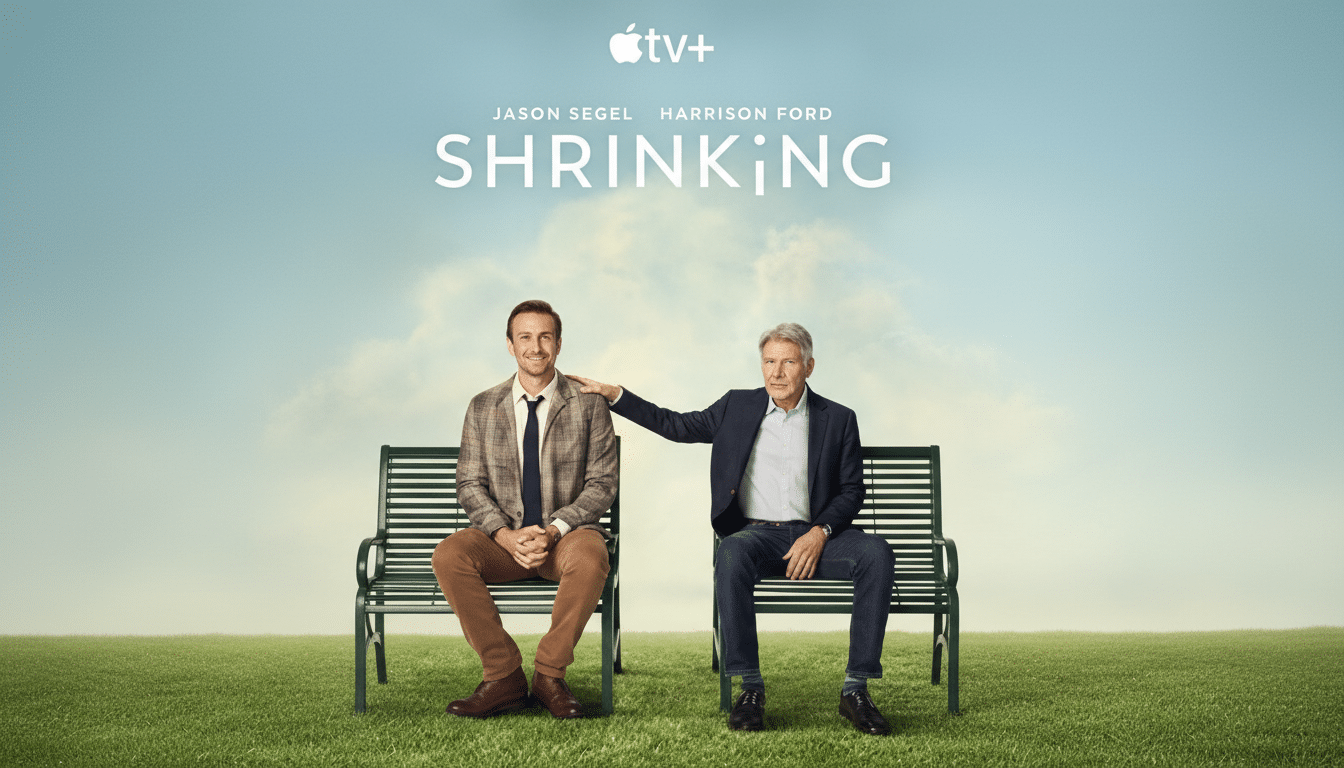 A promotional image for the TV show Shrinking featuring Jason Segel and Harrison Ford sitting on separate benches in a grassy field under a light blue sky.