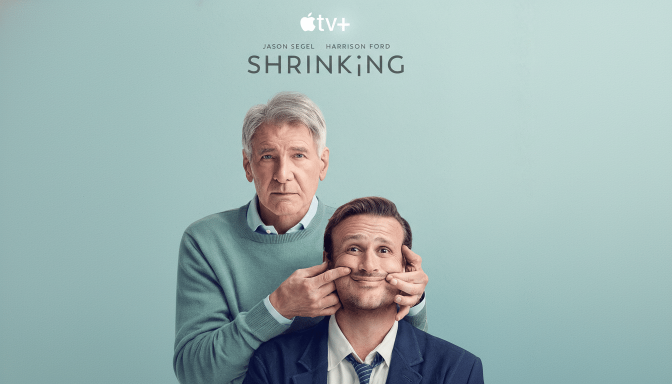 A promotional image for the TV show Shrinking featuring Harrison Ford holding Jason Segels cheeks to make him smile.