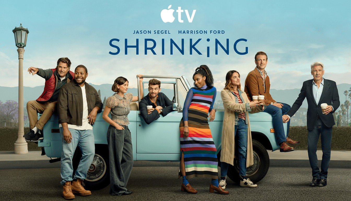 A promotional image for the Apple TV+ show Shrinking, featuring the main cast members posing around a light blue vintage Ford Bronco. The cast includes Jason Segel and Harrison Ford, along with other actors, all casually dressed and some holding coffee cups. The background is a suburban street scene with trees and a clear sky.