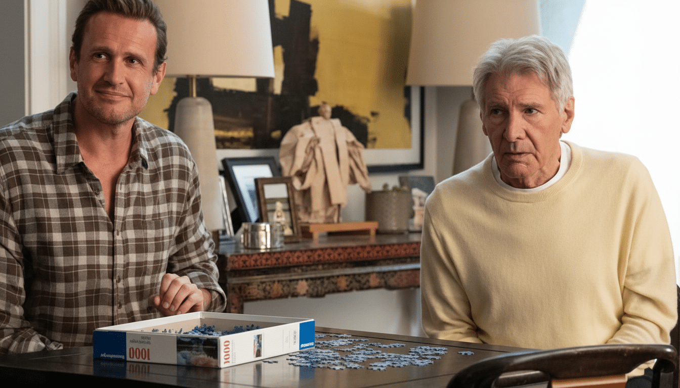 Two men, one younger with a plaid shirt and one older with a yellow sweater, sit at a table with a puzzle box and scattered puzzle pieces.