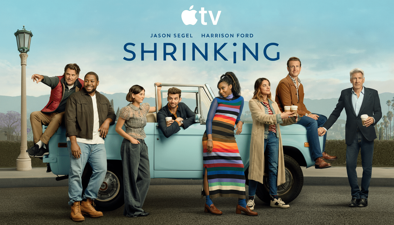 A promotional image for the Apple TV+ show Shrinking, featuring the main cast members posing around a light blue vintage SUV.