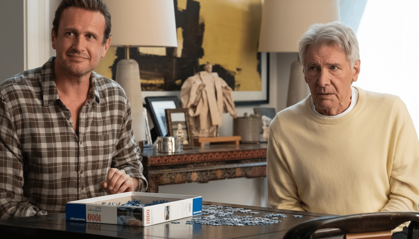 Two men, one younger and one older, sitting at a table with a jigsaw puzzle. The younger man is smiling, and the older man has a neutral expression.