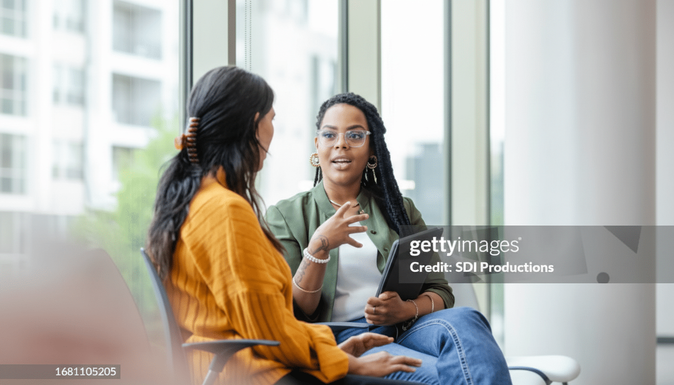 Two women are engaged in a conversation, with one actively speaking and gesturing while holding a tablet.