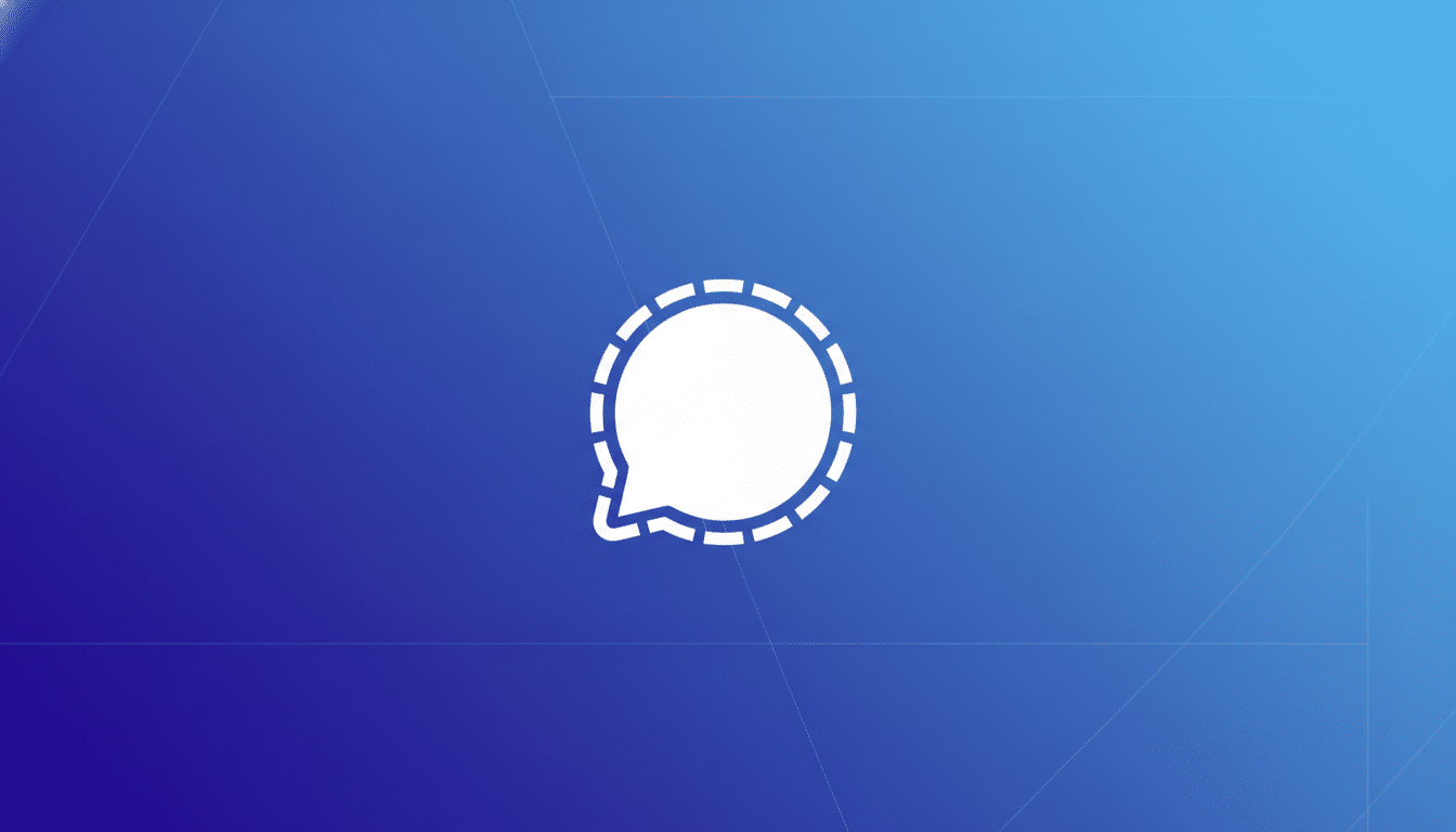 The Signal app icon, a white speech bubble with a dashed outline, centered on a professional 16:9 aspect ratio background with a blue gradient and subtle geometric patterns.