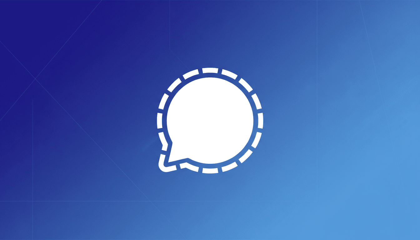 The Signal app icon, a white speech bubble with a dashed outline, centered on a professional blue gradient background with subtle geometric patterns.