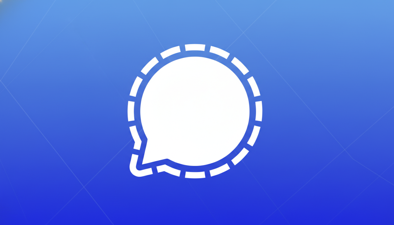 The Signal app icon, a white speech bubble with a dashed outline, centered on a blue background with a subtle gradient and geometric pattern.