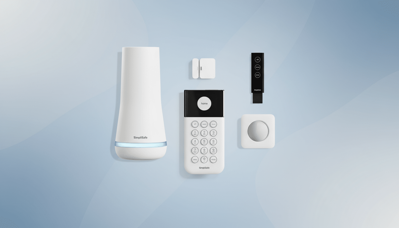 A SimpliSafe home security system, including a base station, keypad, remote, entry sensor, and panic button, arranged on a professional flat design background with soft blue and gray gradients.