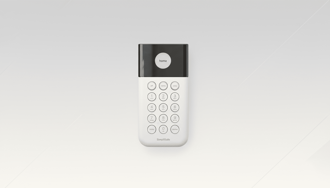 A SimpliSafe home security keypad with a white base and black top, featuring a numeric keypad and function buttons, centered on a professional light gray background with subtle diagonal lines.