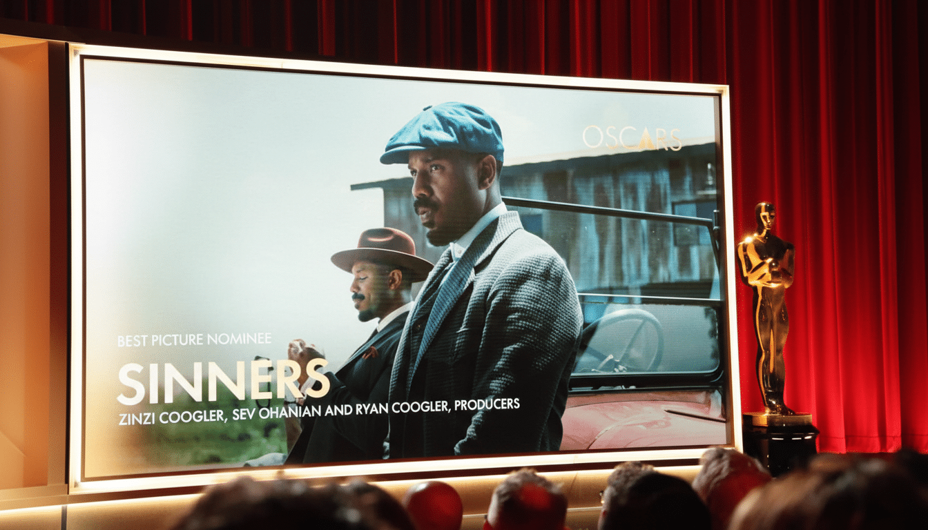 A screen displaying SINNERS as a Best Picture Nominee at the Oscars, with two men in period attire, set against a red curtain backdrop and an Oscar statue.