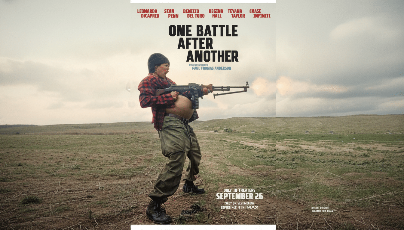 A movie poster for One Battle After Another featuring a person in a beanie, plaid shirt, and cargo pants, holding a large machine gun in a field.