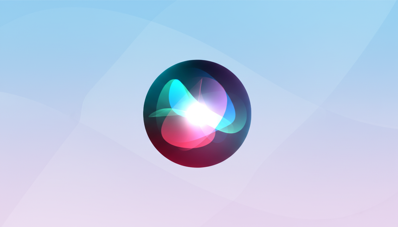 The Siri icon, a glowing, multi-colored orb, centered on a professional flat design background with soft blue and purple gradients and subtle wave patterns.