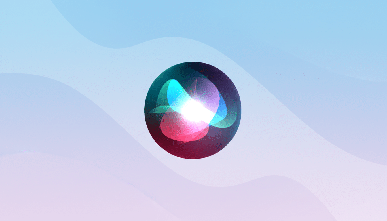 The Siri icon, a glowing, multi-colored orb, centered on a professional flat design background with soft, wavy patterns in light blue and pink gradients.