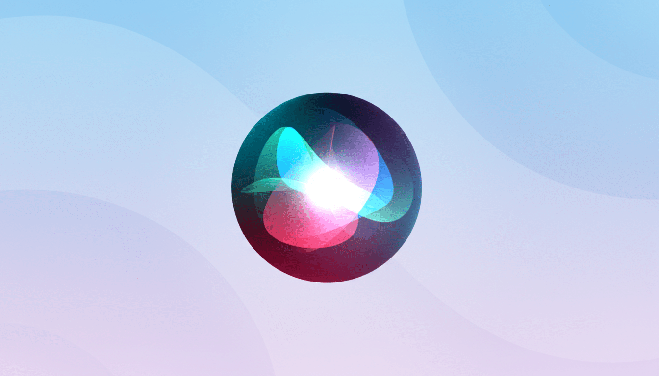 The Siri icon, a glowing, multi-colored orb with swirling light patterns, centered on a professional flat design background with soft blue and purple gradients and subtle wave patterns.