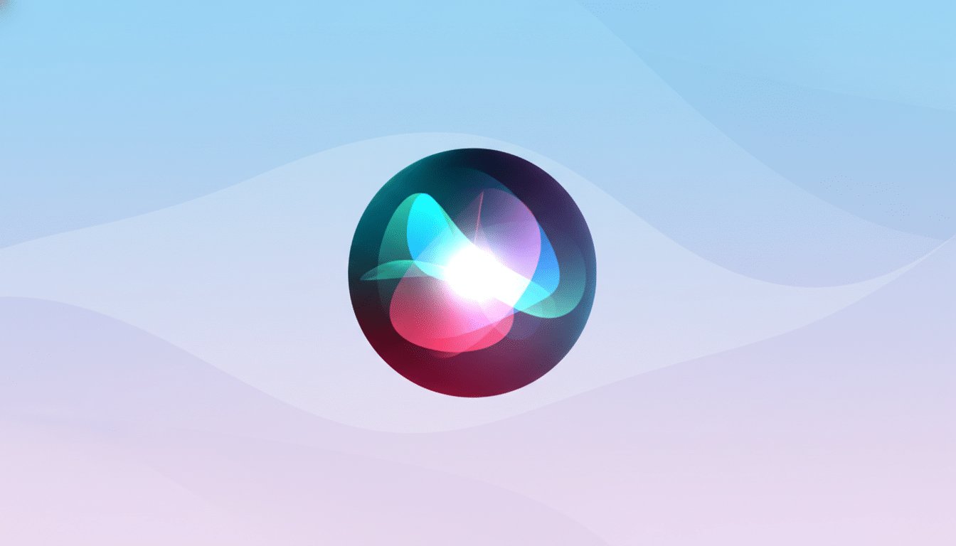 The Siri icon, a glowing orb of blue, pink, and white light, centered on a professional flat design background with soft blue and pink gradients and subtle wave patterns.