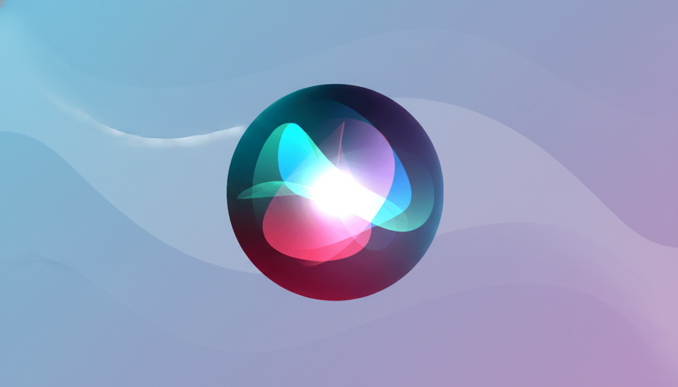 The Siri icon, a glowing orb of blue, pink, and white light, is centered on a professional flat design background with soft, wavy patterns in shades of light blue and purple.