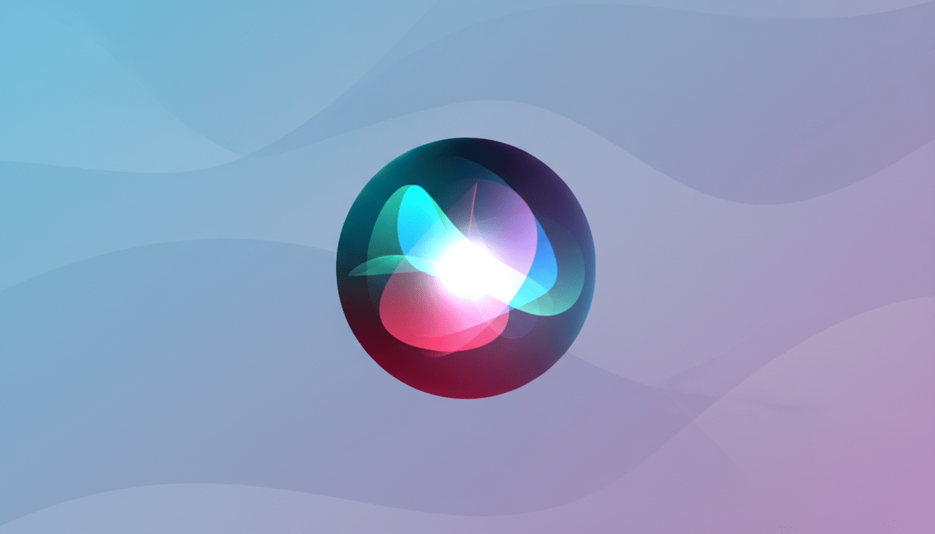 The Siri icon, a glowing orb of blue, pink, and white light, centered on a professional flat design background with soft, wavy patterns in shades of blue and purple.