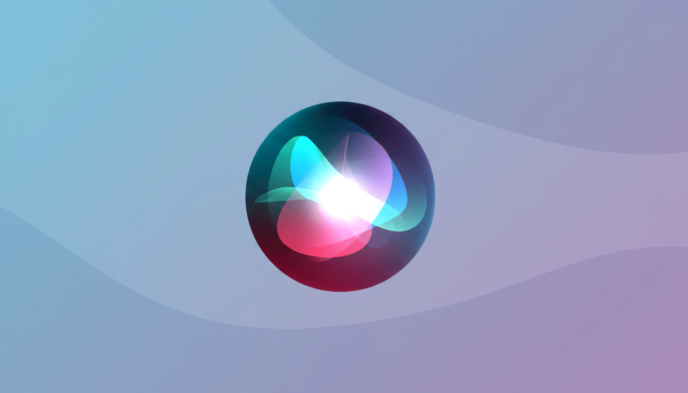 The Siri icon, a glowing, multi-colored orb, centered on a professional flat design background with soft blue and purple gradients and subtle wave patterns.
