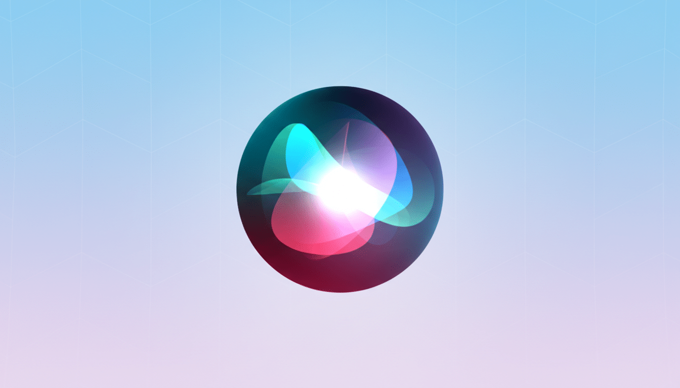 The Siri icon, a glowing orb of blue, pink, and white light, is centered on a professional flat design background with soft blue and pink gradients and subtle geometric patterns.