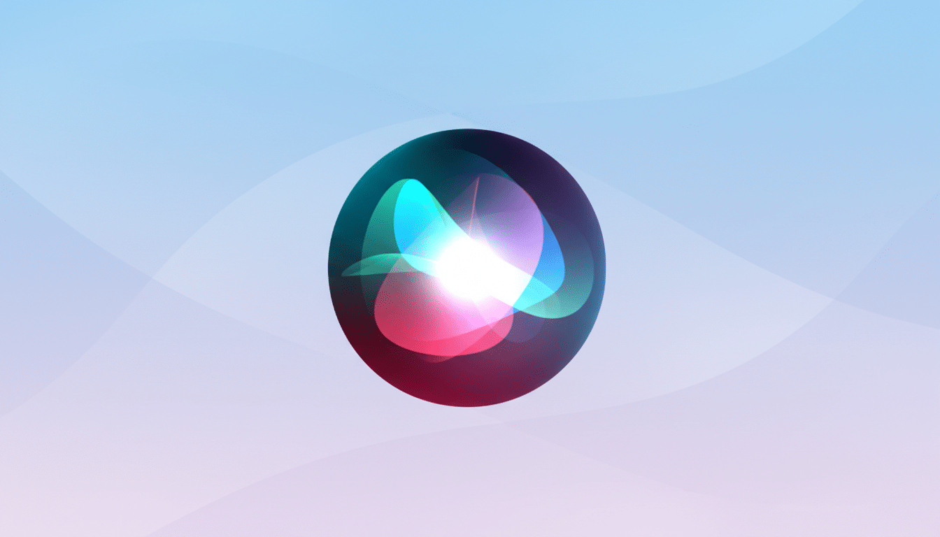 The Siri icon, a glowing orb of blue, pink, and white light, centered on a professional flat design background with soft blue and purple gradients and subtle wave patterns.
