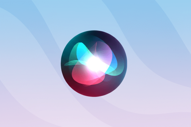 The Siri icon, a glowing, colorful orb, centered on a professional flat design background with soft blue and purple gradients and subtle wave patterns.
