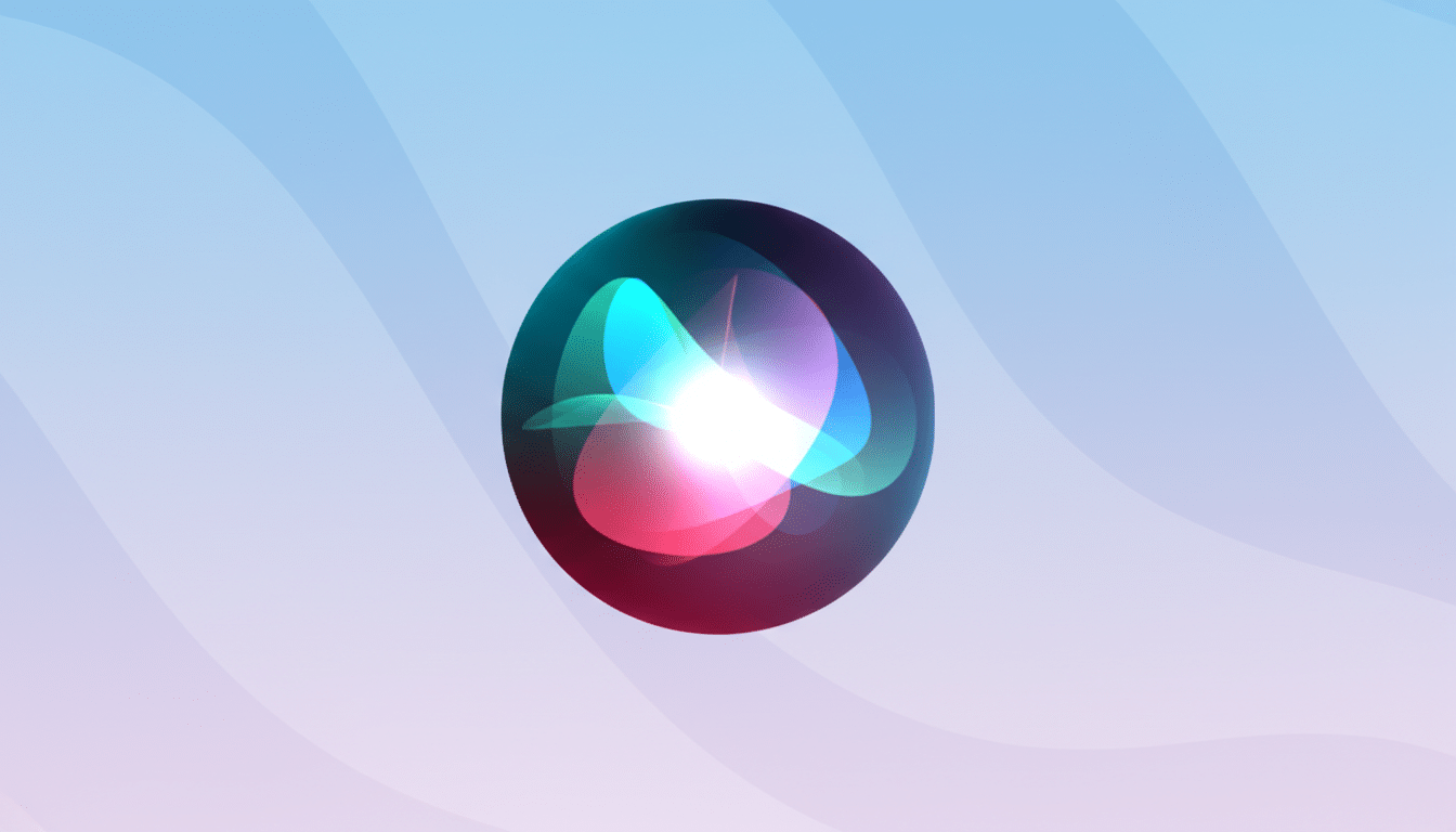 The Siri icon, a glowing, colorful orb, centered on a professional flat design background with soft blue and purple gradients and subtle wave patterns.