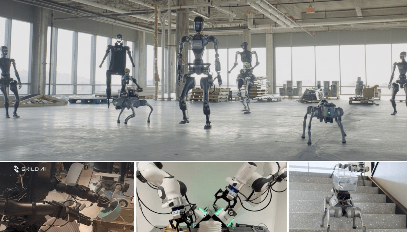 A collage of images featuring various robots in different settings. The top image shows several humanoid and quadrupedal robots in a large, open industrial space with large windows. The bottom left image shows a robotic arm interacting with objects on a desk. The bottom center image shows two robotic arms sorting items into bins. The bottom right image shows a quadrupedal robot ascending a staircase.