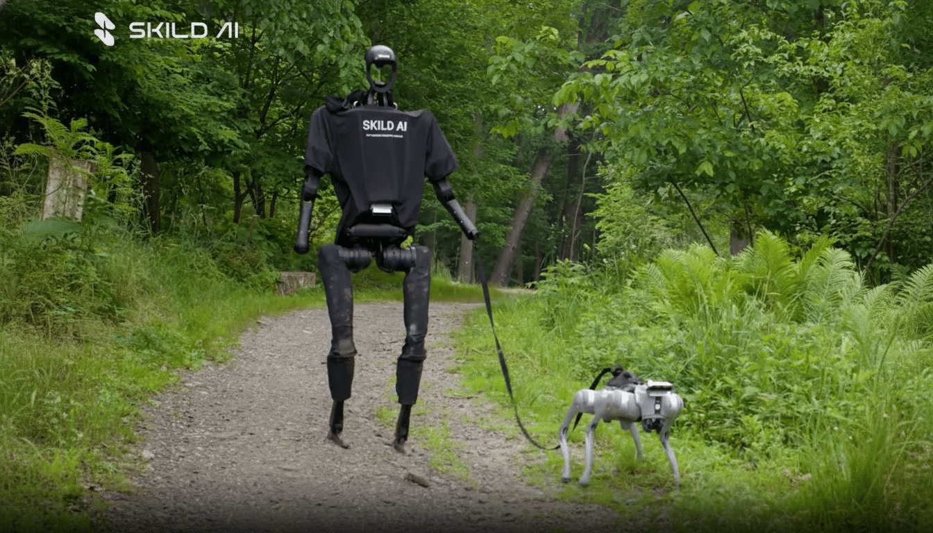 A humanoid robot wearing a black SKILD AI t-shirt walks a robotic dog on a leash down a dirt path surrounded by lush green trees and foliage.
